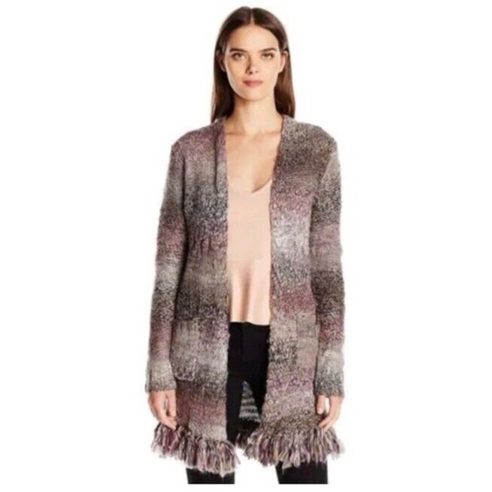 Lucky Brand Wool Blend Marbled Long Open Cardigan Fringe Sweater Pocket Sz M